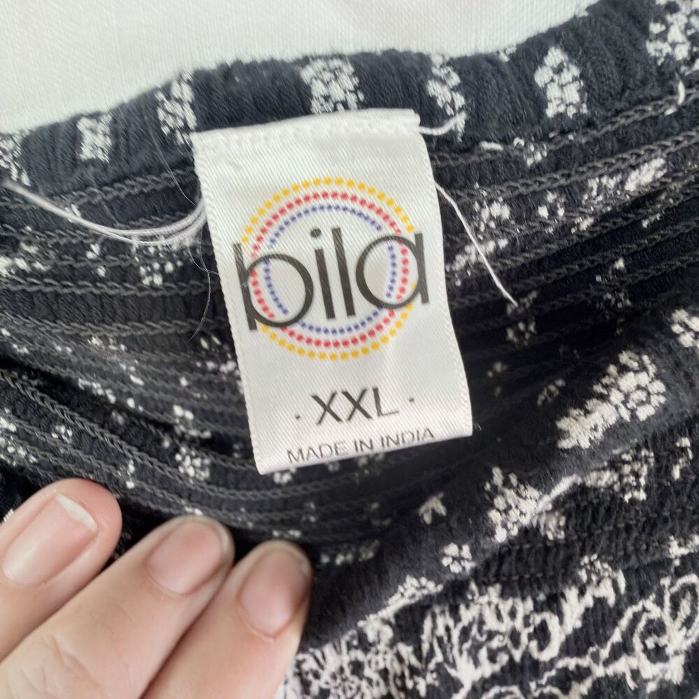 black white paisley maxi skirt xxl handkerchief hem elastic waist draped by bila - Picture 4 of 7